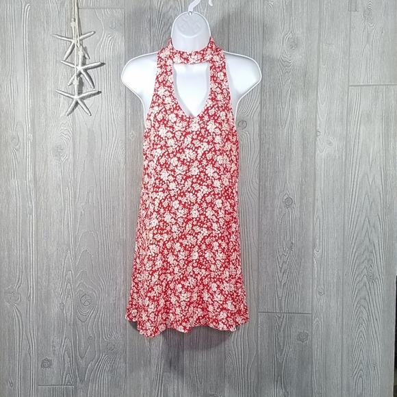 Lulu's Dress Small Red Floral Print High Neck Swing 26-249LD Back Keyhole - Picture 7 of 15